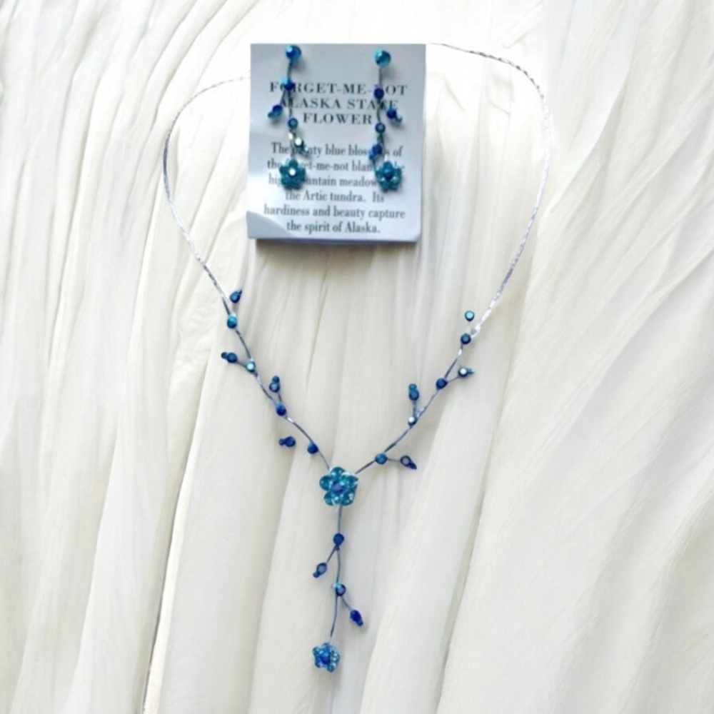 Forget Me Not Dainty Blue Aurora Floral Necklace & Earrings - Picture 2 of 8